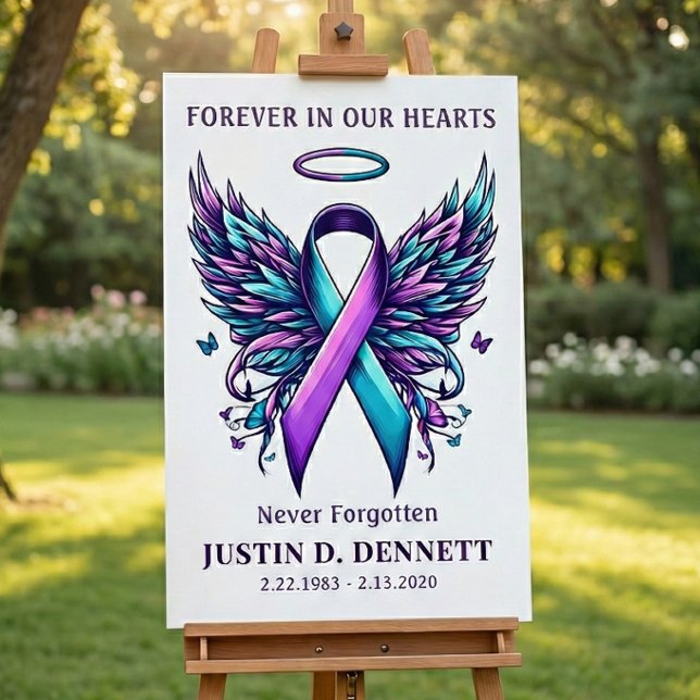 Suicide Prevention Memorial Funeral Welcome Sign (Suicide Prevention awareness teal purple ribbon and  angel wings)