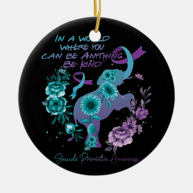 Suicide Prevention Sunflower Elephant Teal Purple Ceramic Ornament (Front)