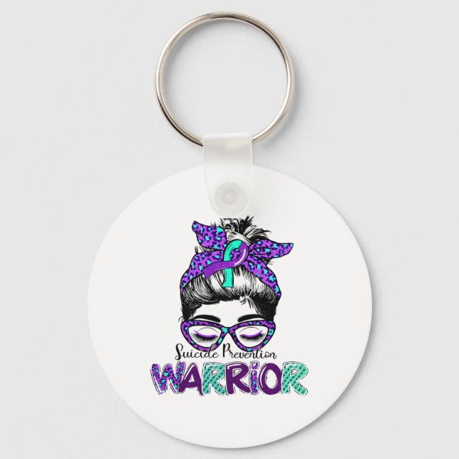 Suicide Prevention Warrior Messy Bun Suicide Aware Keychain (Front)
