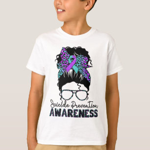 Suicide Prevention Warrior Messy Bun Suicide Aware T-Shirt