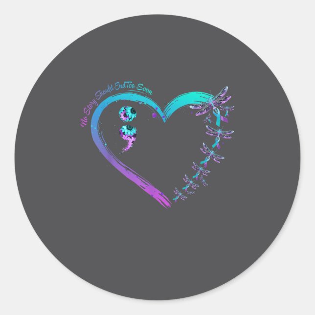 Suicide Prevention Week Dragonfly Heart Ribbon Sem Classic Round Sticker (Front)