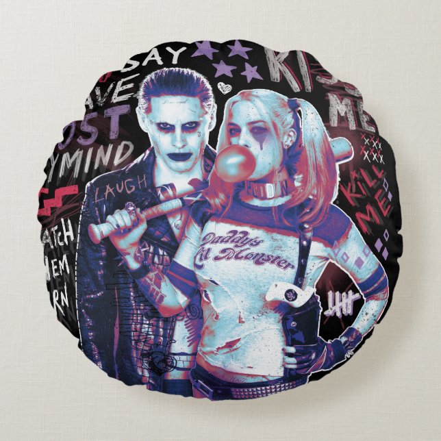 Suicide Squad | Joker & Harley Typography Photo Round Pillow (Front)