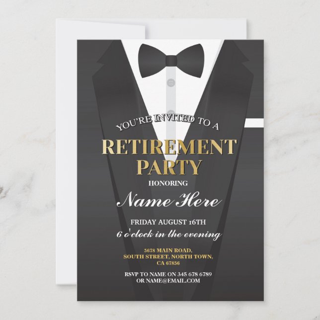 Suit Tuxedo Retirement Party Bowtie Invitation (Front)