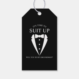 "SUIT UP" Black Tuxedo Suit Groomsman Proposal Gift Tags