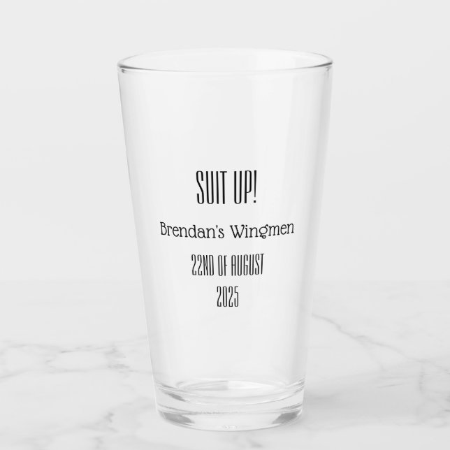 Suit Up Groomsman Beer Mug – Wedding Party Gift Glass (Front)
