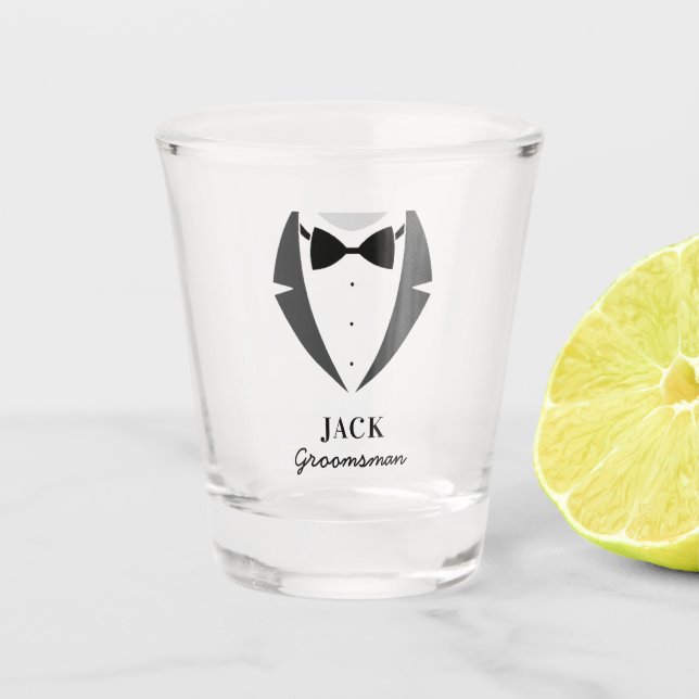 Suit up groomsman best man shot glass (Front)