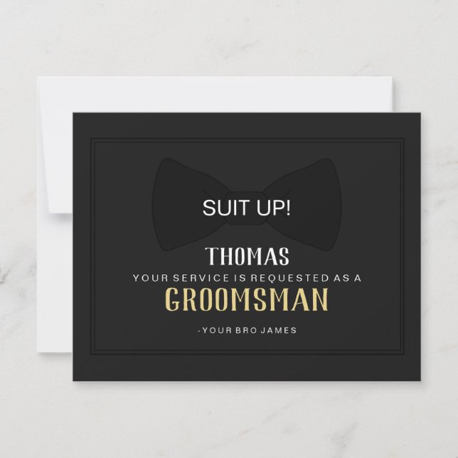 Suit Up Groomsman Card - Black on Black Tie (Front)