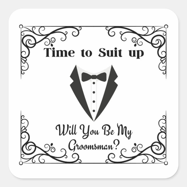 suit up groomsman proposal stylish modern chic square sticker (Front)