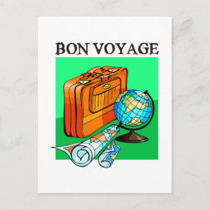 Suitcase, luggage, map and globe: Bon Voyage! Postcard