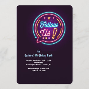 Suivez-nous Neon Anniversaire Fête Invitation