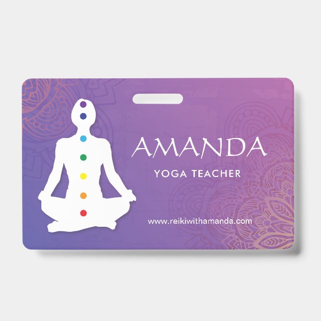 Sukhasna Pose Purple Mandala Chakra Name Badge (Front)