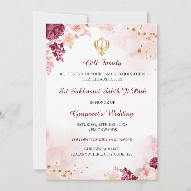 Sukhmani Sahib Path Invitation, carte de Mariage s (Devant)