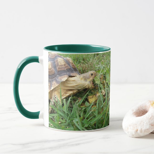 Sulcata Tortoise, Mouth Open, Grazing in Grass Mug (With Donut)