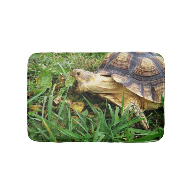 Sulcata Tortoise Taking Big Bite of Dandelion Leaf Bath Mat (Front)