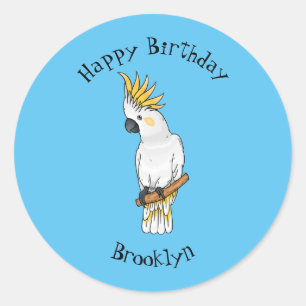 Sulphur-crested cockatoo bird cartoon illustration classic round sticker