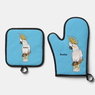 Sulphur-crested cockatoo bird cartoon illustration oven mitt & pot holder set