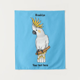 Sulphur-crested cockatoo bird cartoon illustration tapestry