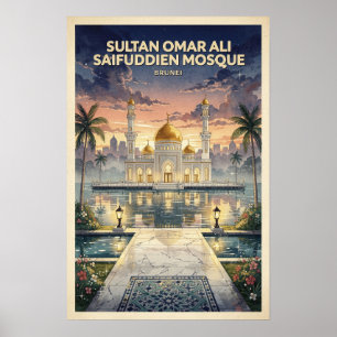 Sultan Omar Ali Mosque Brunei Vintage Travel Poster