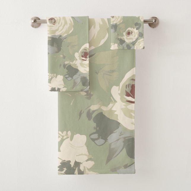 Sultry and sophisticated darker pastel rose design bath towel set (Insitu)