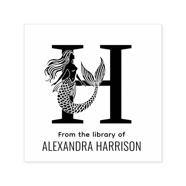 Sultry Mermaid Flowing Hair Library Book Name Init Self-inking Stamp (Design)