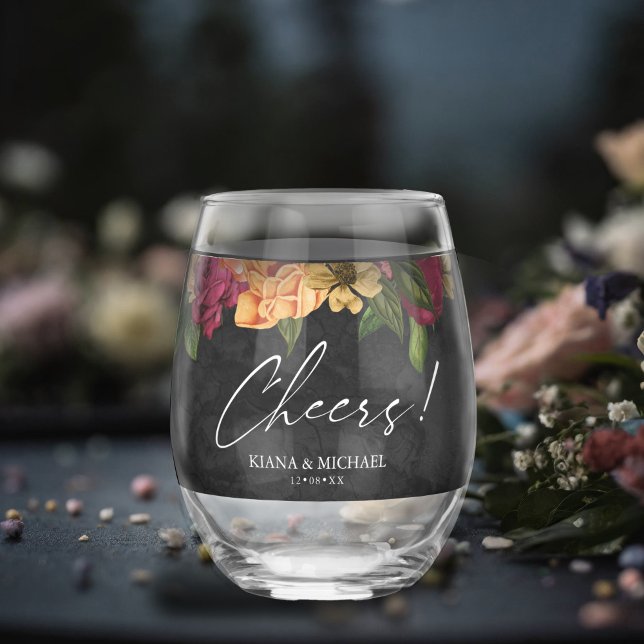 Sultry Nights Floral Wedding Cheers ID829 Stemless Wine Glass (Creator Uploaded)