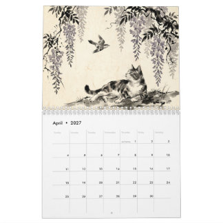 Sumi-e Hanafuda Cats – 12 Months of Japan Wall  Calendar
