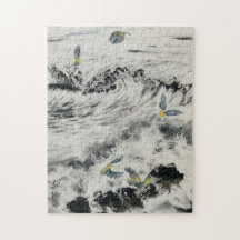 Sumi e Ocean puzzle avec des oiseaux verts