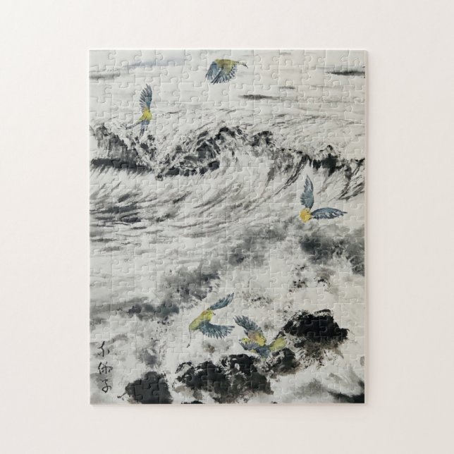 Sumi e Ocean puzzle with green birds (Vertical)