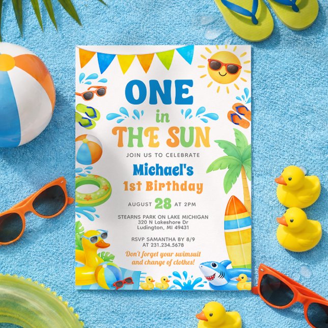 Summer 1st Birthday Invitation - One in the Sun (Boy 1st Birthday Invitation - Summer First Birthday Invite - One in the Sun - Editable Template)