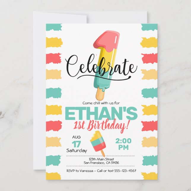 Summer 1st Birthday Invitation w/ Popsicle (Front)