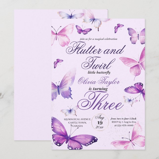 Summer 3rd Birthday Butterfly Girls Birthday  Invitation (Front/Back)