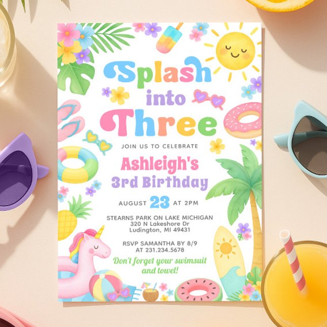 Summer 3rd Birthday Invitation - Splash into Three (Summer 3rd Birthday Invitation - Splash into Three)
