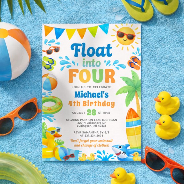 Summer 4th Birthday Invitation - Float into Four (Boy 4th Birthday Invitation - Summer Beach Pool Party - Float into Four)
