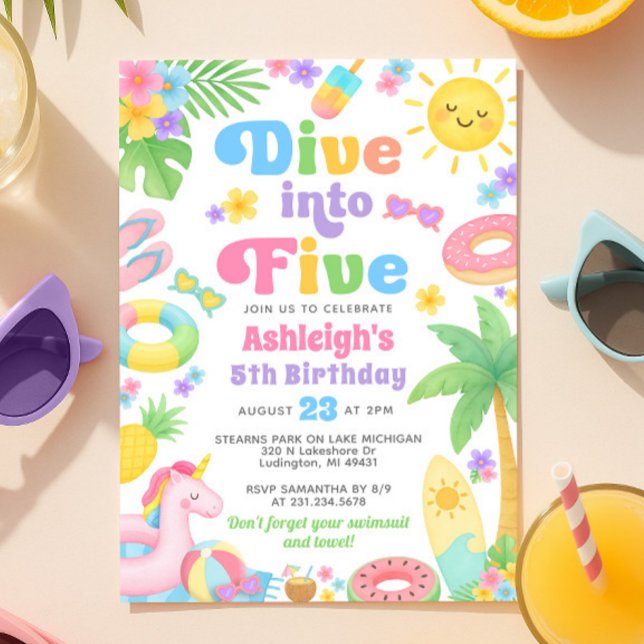 Summer 5th Birthday Invitation - Dive into Five (Summer 5th Birthday Invitation - Dive into Five
)