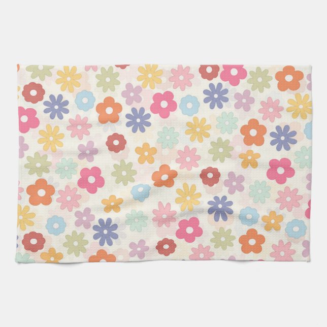 Summer 70’s Boho Retro Daisy Flowers Kitchen Towel (Horizontal)