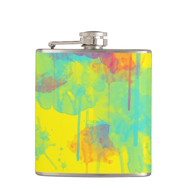 Summer abstract Colourful fun Watercolor splatters Hip Flask (Front)