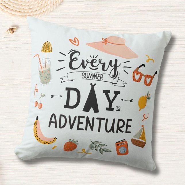 Summer Adventure Quote Colourful Kids Nursery Throw Pillow (In situ)
