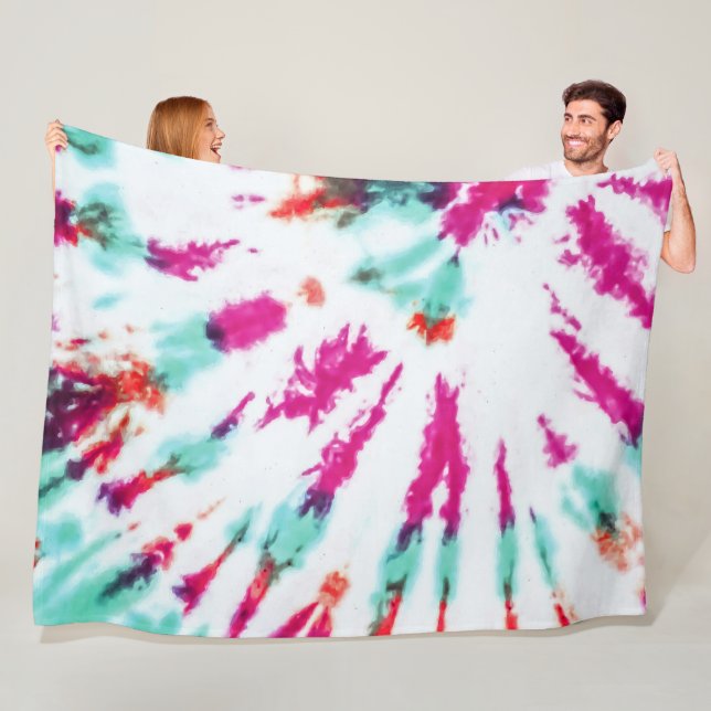 Summer Artsy Girly Neon Teal Pink Tie Dye Pattern Fleece Blanket (In Situ)