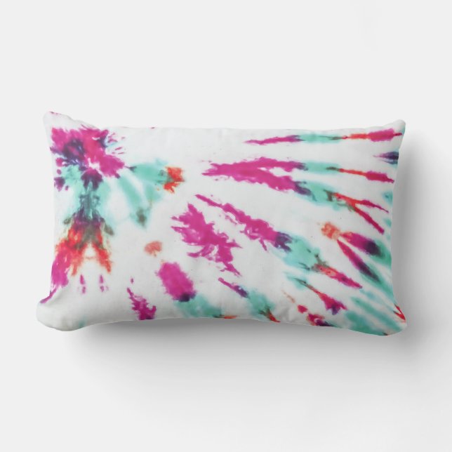 Summer Artsy Girly Neon Teal Pink Tie Dye Pattern Lumbar Pillow (Front)
