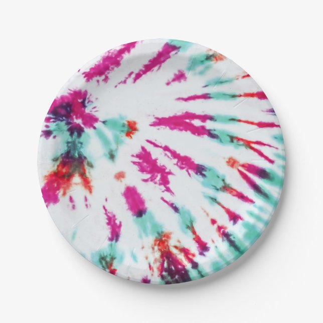 Summer Artsy Girly Neon Teal Pink Tie Dye Pattern Paper Plate (Front)