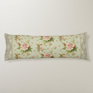 Summer at the Cottage Roses Scroll Swirl Wood Body Pillow