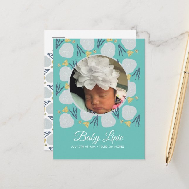 Summer Baby Beach Theme Border Photo Birth Announcement Postcard (Front/Back In Situ)