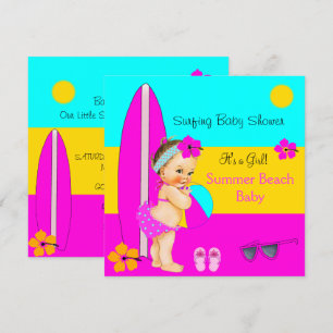 Summer Baby Shower Girl Beach Surfing Brunette Invitation