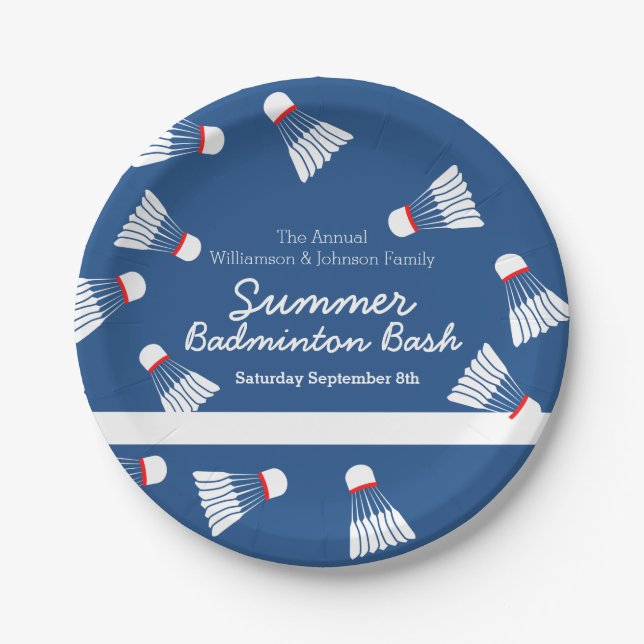 Summer badminton bash party blue and white paper plate (Front)