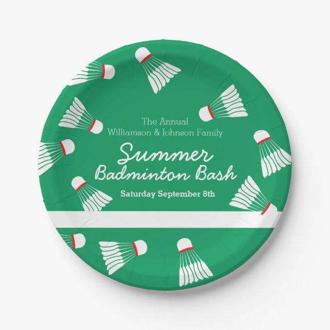 Summer badminton bash party green & white paper plate (Front)