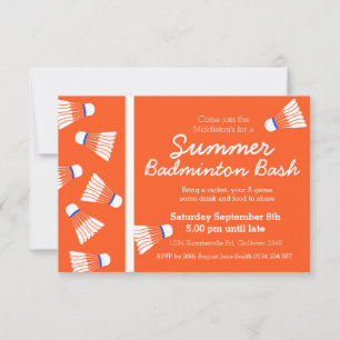 Summer badminton bash party invite orange & white