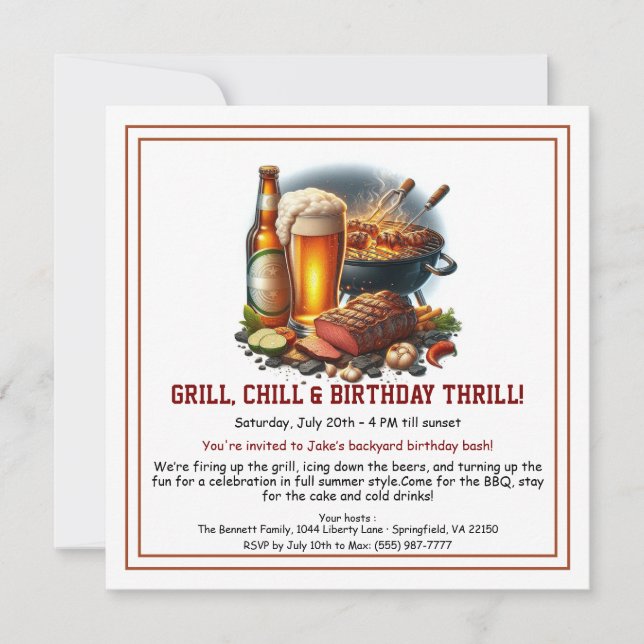Summer BBQ Birthday Invitation with Beer Backyard  (Front)