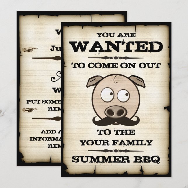 Summer BBQ Moustache Pig Wanted Invitations (Front/Back)
