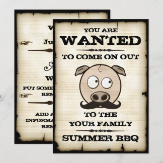 Summer BBQ Moustache Pig Wanted Invitations