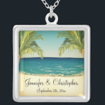 Summer Beach and Palm Trees Wedding Memento Silver Plated Necklace<br><div class="desc">A beach themed wedding design for a summer wedding featuring an image of the ocean and beach sand with palm trees framing the scene. Perfect for those planning a relaxed and informal beach wedding. The text is fully customizable for your own special occasion. This coordinates with the Summer Beach and...</div>